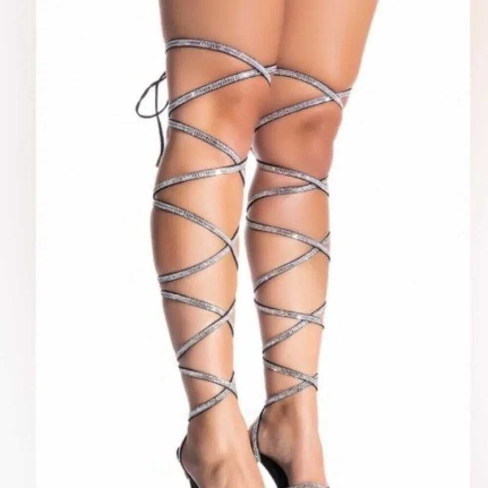 Azalea Wang Gomer Nude Silver Rhinestone Gladiator Wrap Stiletto Heel, Size 9